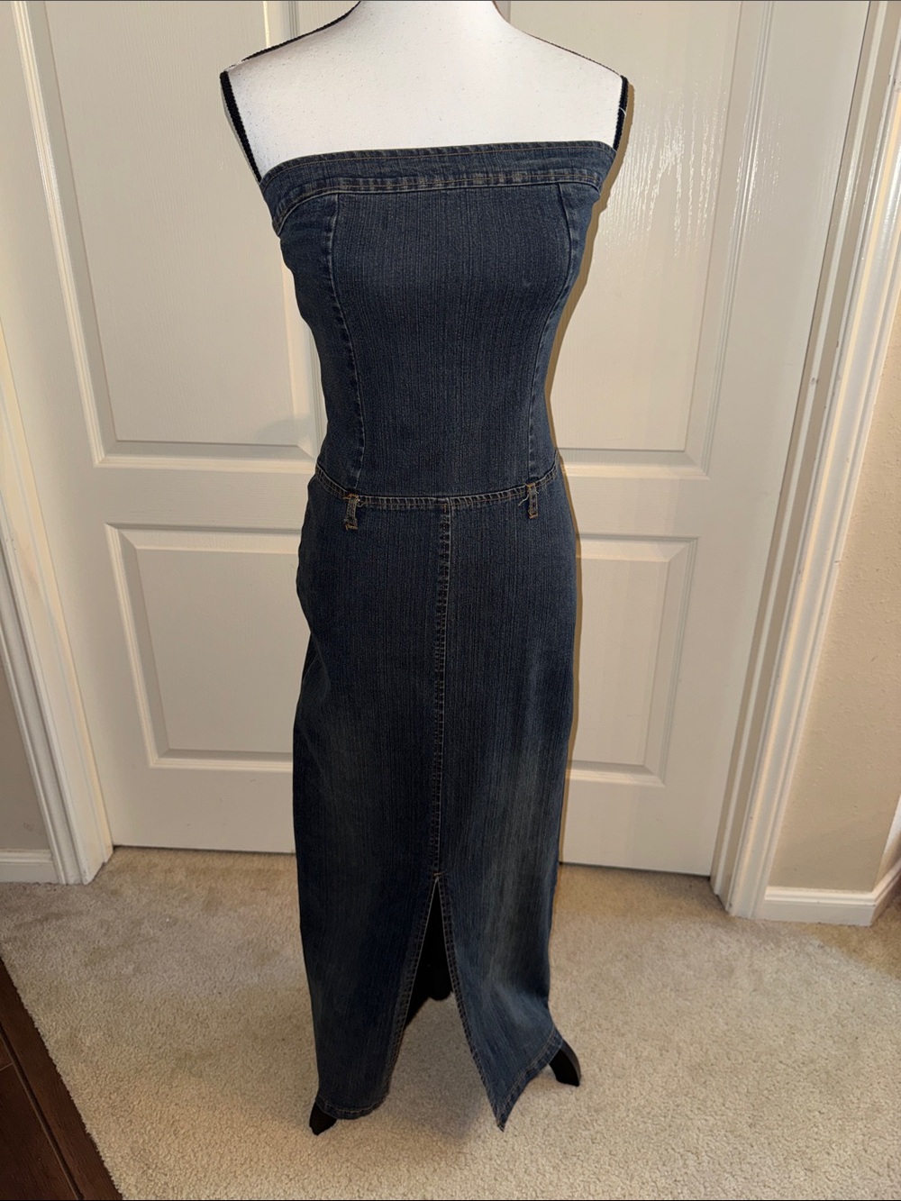 JUNIORS - Strapless Dark Wash Denim Maxi Skirt Dress - Size Medium